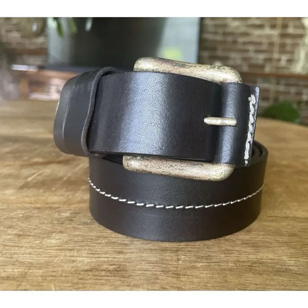 Men’s Genuine Leather Belt Brown Contrast Stitch Brass Buckle Size M/L Argentina